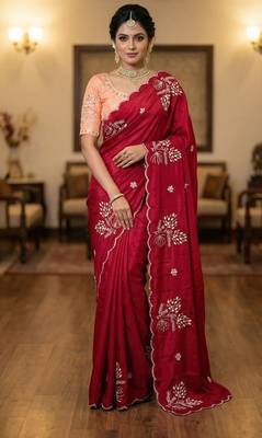 Women silk blend red embroidery bollywood saree 1