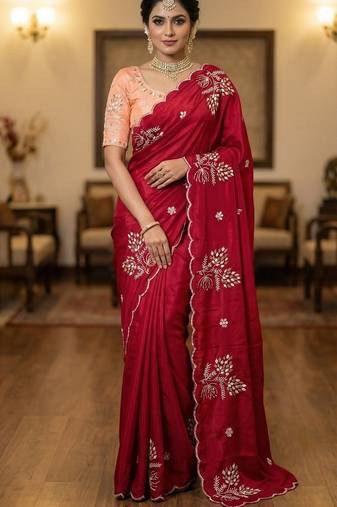 Women silk blend red embroidery bollywood saree
