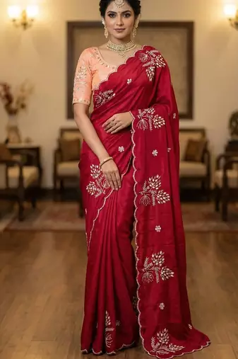 Women silk blend red embroidery bollywood saree