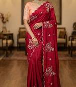 Women silk blend red embroidery bollywood saree