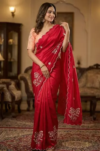 Women silk blend red embroidery bollywood saree