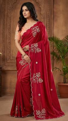 Women silk blend red embroidery bollywood saree 3