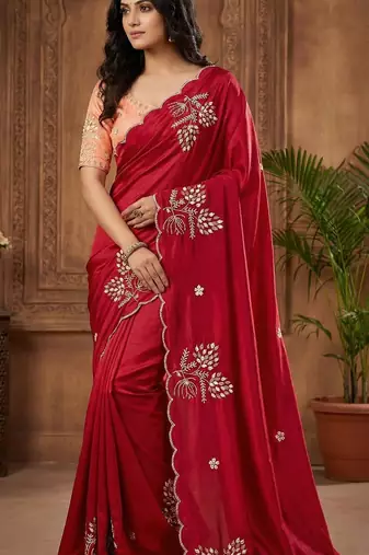 Women silk blend red embroidery bollywood saree