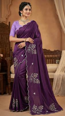 Women silk blend wine embroidery bollywood saree 1