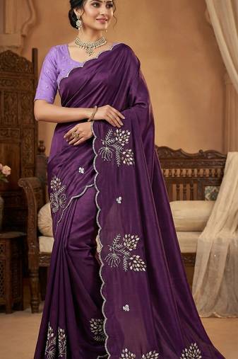 Women silk blend wine embroidery bollywood saree