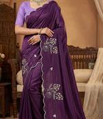 Women silk blend wine embroidery bollywood saree