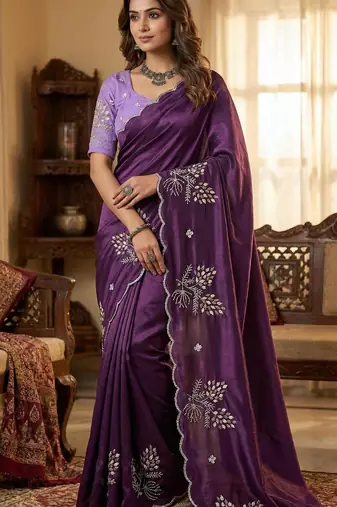 Women silk blend wine embroidery bollywood saree