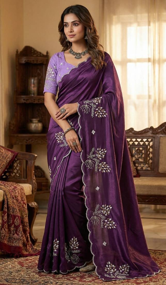 Women silk blend wine embroidery bollywood saree