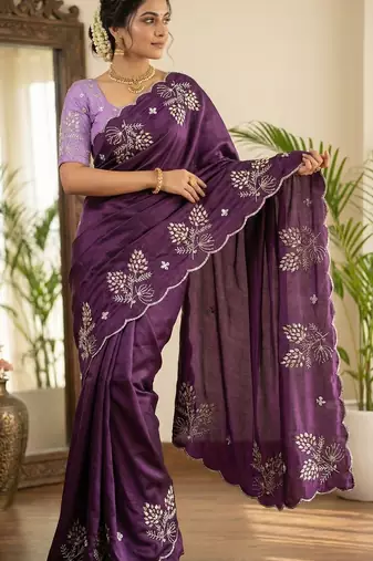 Women silk blend wine embroidery bollywood saree