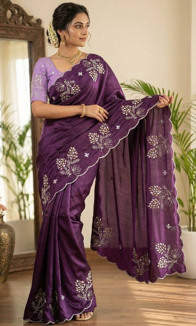 Women silk blend wine embroidery bollywood saree