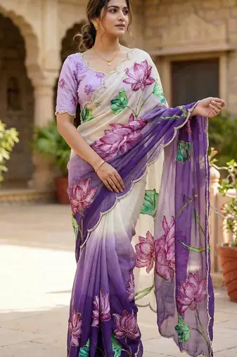 Women organza purple embroidery bollywood saree