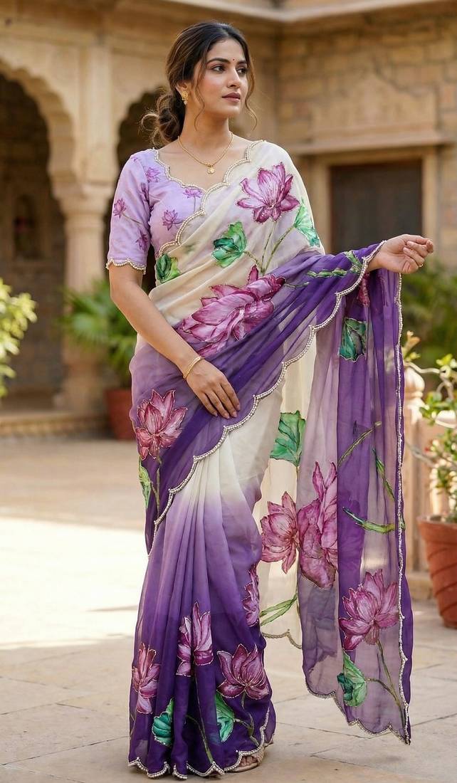 Women organza purple embroidery bollywood saree