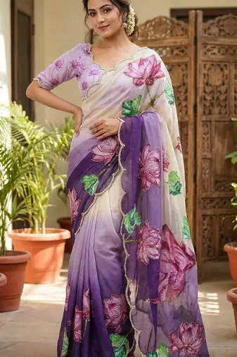 Women organza purple embroidery bollywood saree