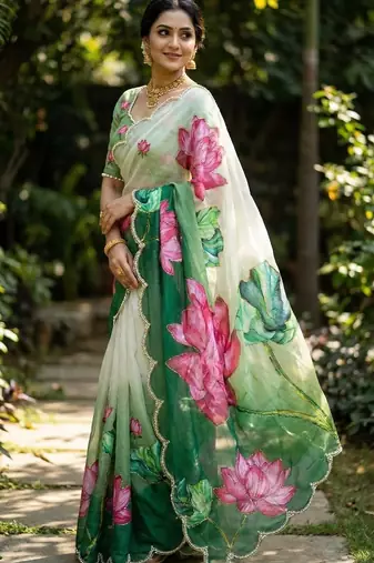Women organza purple embroidery bollywood saree