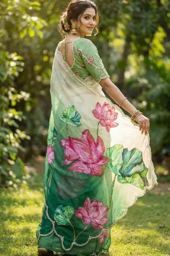 Women organza purple embroidery bollywood saree