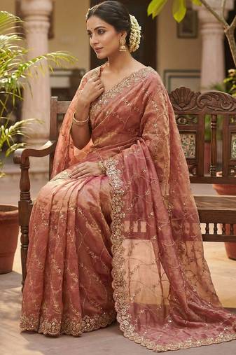 Women silk blend pink embroidery bollywood saree