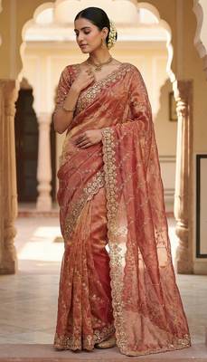 Women silk blend pink embroidery bollywood saree 2