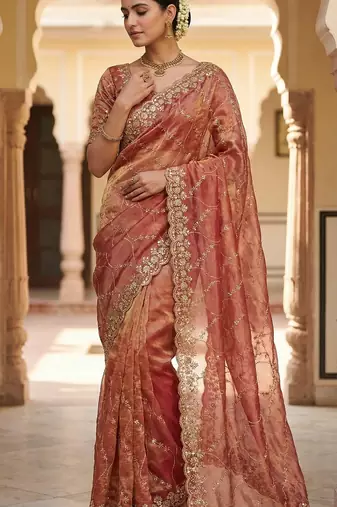 Women silk blend pink embroidery bollywood saree