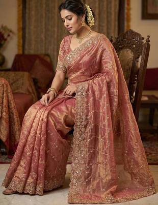 Women silk blend pink embroidery bollywood saree 3