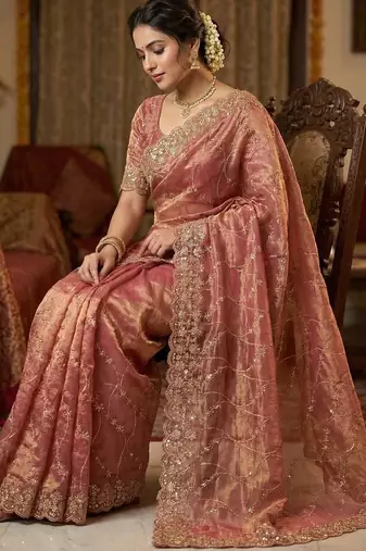 Women silk blend pink embroidery bollywood saree