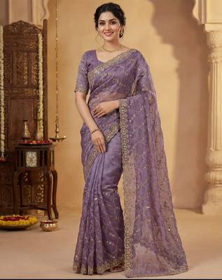 Women silk blend purple embroidery bollywood saree 1