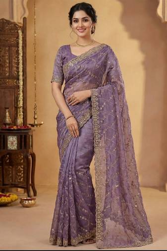 Women silk blend purple embroidery bollywood saree