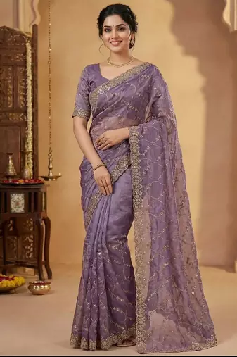 Women silk blend purple embroidery bollywood saree