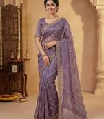 Women silk blend purple embroidery bollywood saree