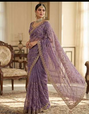 Women silk blend purple embroidery bollywood saree 2