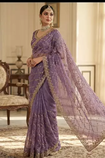 Women silk blend purple embroidery bollywood saree