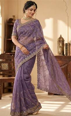 Women silk blend purple embroidery bollywood saree 3
