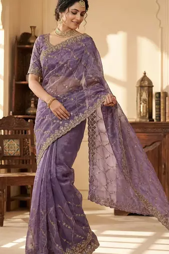 Women silk blend purple embroidery bollywood saree