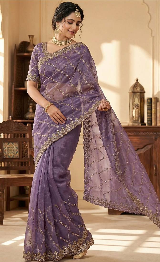 Women silk blend purple embroidery bollywood saree