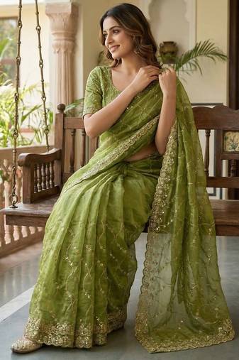 Women silk blend green embroidery bollywood saree