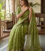 Women silk blend green embroidery bollywood saree