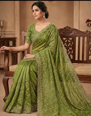 Women silk blend green embroidery bollywood saree 2