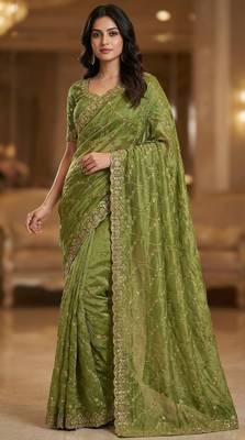 Women silk blend green embroidery bollywood saree 3