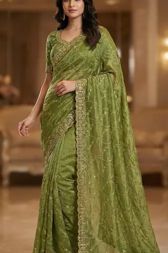Women silk blend green embroidery bollywood saree