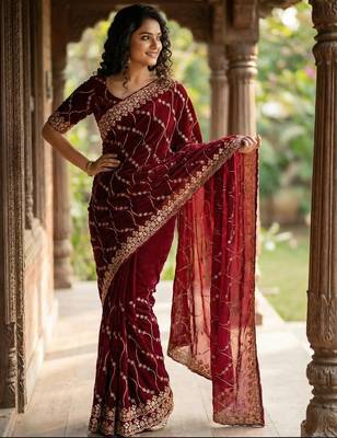 Women silk blend red embroidery bollywood saree 1