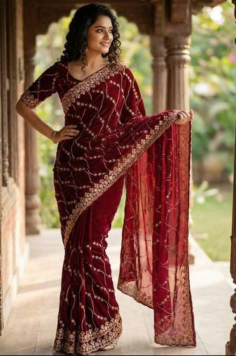 Women silk blend red embroidery bollywood saree