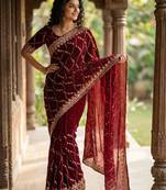 Women silk blend red embroidery bollywood saree