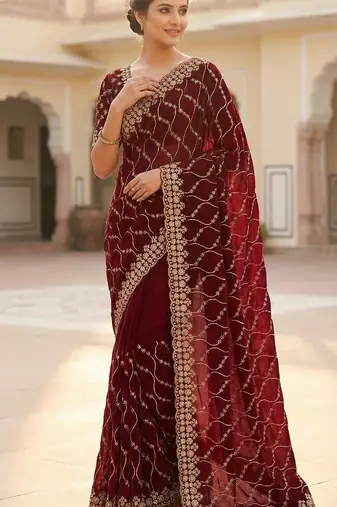 Women silk blend red embroidery bollywood saree