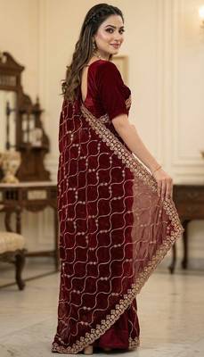 Women silk blend red embroidery bollywood saree 3