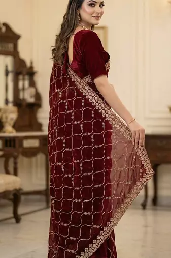 Women silk blend red embroidery bollywood saree