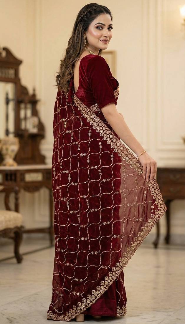 Women silk blend red embroidery bollywood saree