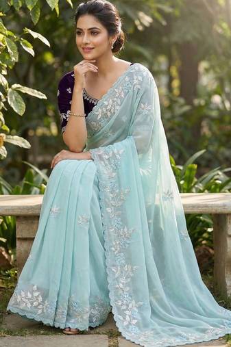 Women gorgette sky blue embroidery bollywood saree