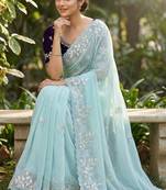 Women gorgette sky blue embroidery bollywood saree