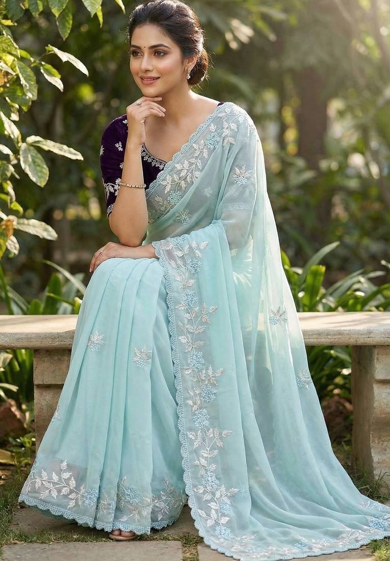 Women gorgette sky blue embroidery bollywood saree