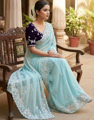 Women gorgette sky blue embroidery bollywood saree 2