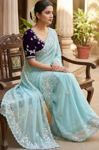 Women gorgette sky blue embroidery bollywood saree